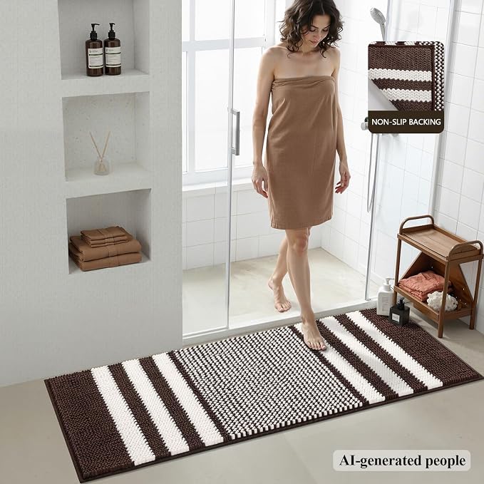Bathroom Rugs, 47x20 Inch Extra Soft Absorbent Shaggy Chenille Bath Rugs, Non Slip Backing Quick Dry Machine Washable Modern Bath Mat for Bathroom Floor, Home Decor Accessories,Coffee