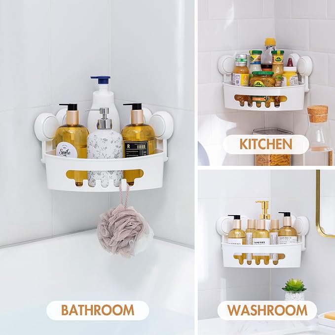 Corner Shower Caddy Suction Cup, Shower Basket Suction Bathroom | White Shower Caddies, Waterproof & Rustproof Shower Organizer, No-Drilling Removable