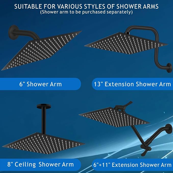 Voolan Rain Shower Head - High Flow Large Rainfall Shower Heads Made of Stainless Steel - Waterfall Bathroom Square Showerhead - Ceiling or Wall Mount (12 * 8 Inch Rectangle, Matte Black)