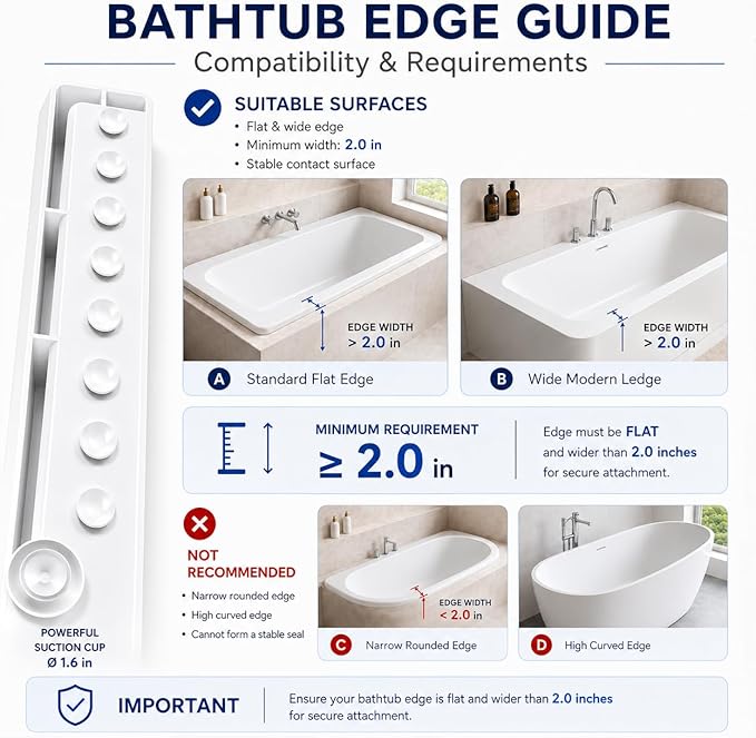 Bathtub Splash Guard for Tub Kids, Silicone Bath Toy Holder & Tub Side Tray with Suction Cups, Bath Tub Shelf for Kids, Bathtub Toy Storage, White