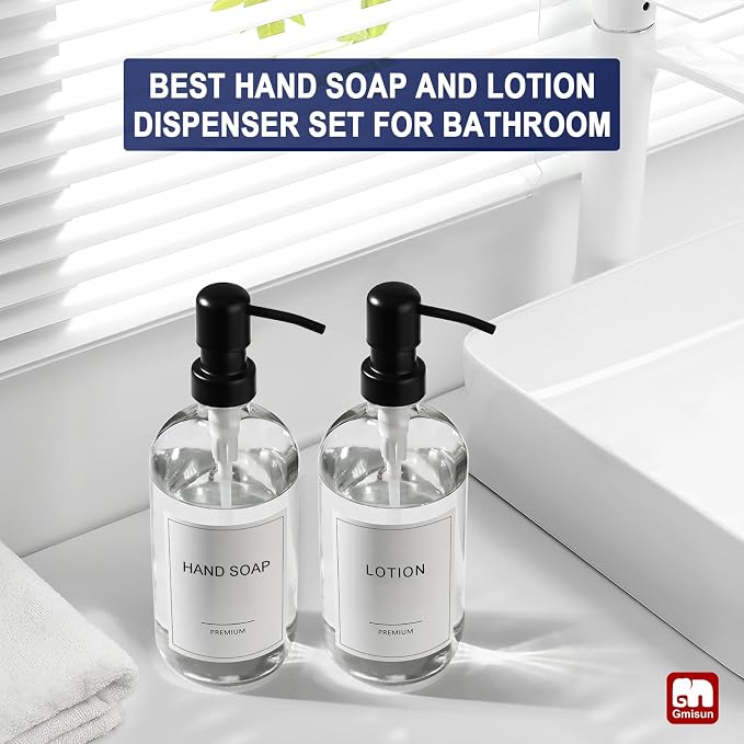 GMISUN Shampoo and Conditioner Dispenser, 3 Pack Clear Glass Bathroom Shampoo Conditioner Body Wash Dispenser with Pump for Shower, 17 Fl Oz Hand Soap Dish Soap and Lotion Dispenser Set for Kitchen