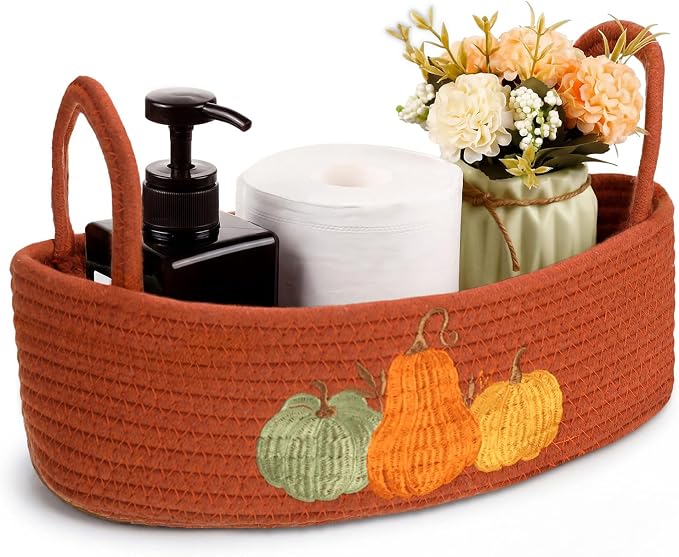Vesici Pumpkin Basket Cotton Rope Bathroom Storage with Handle Fall | Boho Woven Organizer with 3 Pumpkin Charms, Holds Toilet Paper Toiletries, Orange Halloween Decor, 13x6x4 in