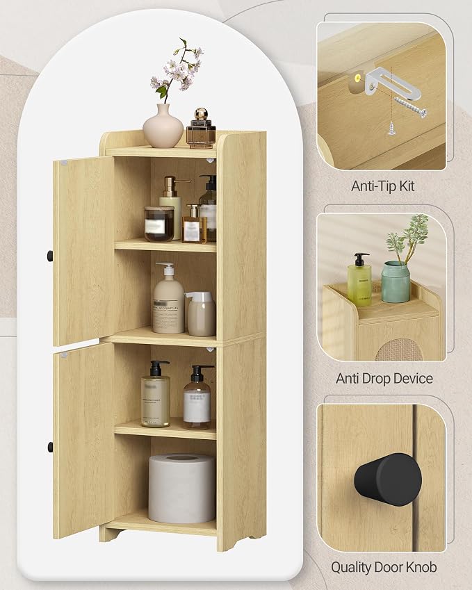 Hzuaneri Bathroom Storage Cabinet, Small Corner Floor Cabinet with 2 Doors | Narrow Toilet Paper Cabinets with Adjustable Shelf, Bathroom Organizer for Small Spaces, 7.9"D x 9.8"W x 29.5"H Rattan Yellow