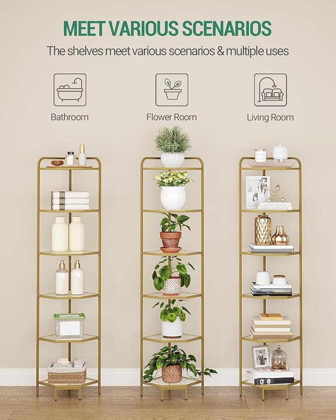 Hzuaneri Corner Shelf Stand, 6-Tier Glass Bookshelf Bookcase, Plant Stand | Bathroom Organizer Steel Frame, Tempered Glass, Modern Style for Living Room, Bathroom, Kitchen, Gold CS90600G