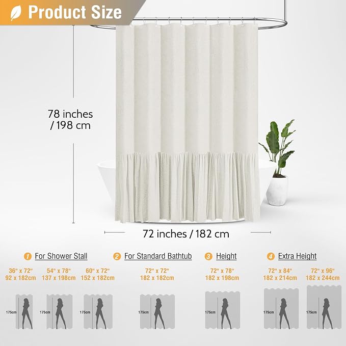 Long Linen Ruffle Farmhouse Cloth Boho Shower Curtain, 72x78, Natural | Ruffle Hem, Heavy Duty Fabric, 12 Hooks, Elegant Drape, Shabby Chic Style, Bathroom Decor, Machine Washable, Easy To Install