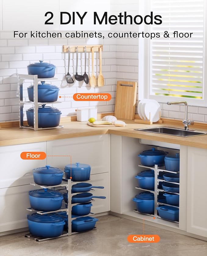 Pots and Pans Organizer Under Cabinet 15.8" 8-Tier Adjustable Silver | 2 DIY Modes, Tool-Free Assembly, Max 120 Lbs, Fits Cast Iron Pans, Dutch Ovens & Heavy Cookware, For Kitchen Cabinets