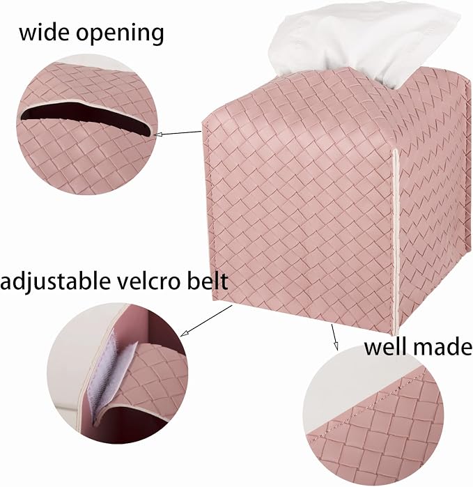 Tissue Box Cover Square Leather Facial Paper Holder, Pink | PU Leather，Easy to Fill, Easy Clean, Decorative Cube Tissue Box Holder for Office, Bathroom,Kitchen, Living room, Guest room