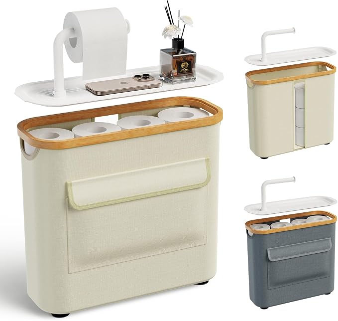 Toilet Paper Basket with Holder, Tray and Bamboo Frame, 12 Rolls, Beige | Waterproof Oxford fabric, privacy pocket, viewing window and suction-cup base for 9 mega or 12 regular rolls plus 1 in use