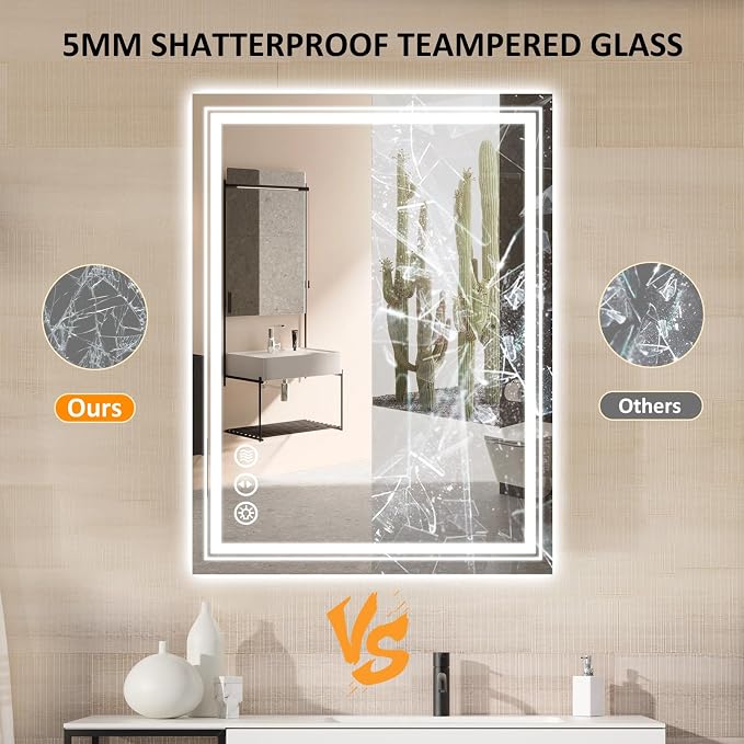 WTTY 32" x 24" LED Bathroom Mirror with Light | Anti-Fog, Dimmable, 3 Color Temperature, Memory Function, Tempered Glass, IP54 Waterproof, ETL Listed