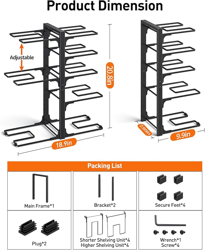 Pots and Pans Organizer Under Cabinet 20.8", 8-Tier Adjustable Black | 2 DIY Modes, Tool-Free Assembly, Max 120 Lbs, Fits Large Stockpots, Cast Iron Pans & Heavy Cookware, For Kitchen Cabinets