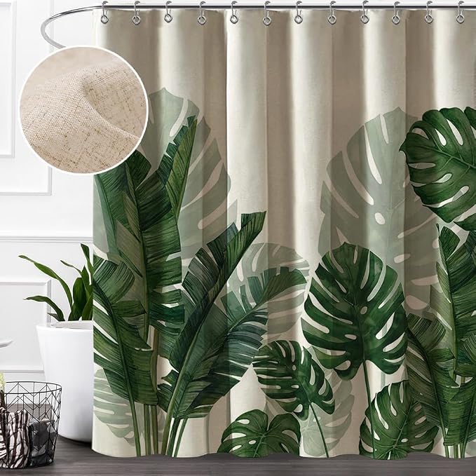 Baccessor Linen Shower Curtain Tropical Green Leaf Shower Curtains Botanical Banana Monstera Leaf Palm Tree Water Repellent Heavy Duty Fabric Cloth Shower Curtain for Bathtubs Hotel 72 W X 72 L Inch