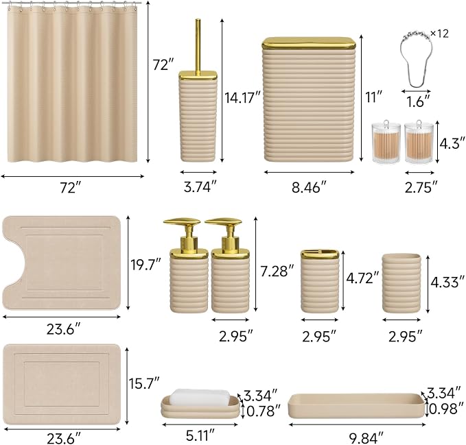 Bathroom Set - 25PC Bathroom Sets with Shower Curtain and Rugs, Beige Bathroom Set, Bathroom Accessory Set, Luxury Bathroom Accessories Set, Trash Can, Toilet Brush, Soap Dish & Soap Dispenser