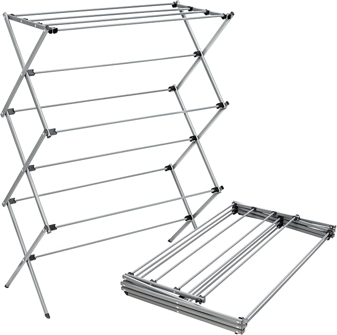 Honey-Can-Do Oversized Collapsible Clothes Drying Rack, 35", 50 lb, Grey | Oversized 35" x 45" steel rack holds 50 lb and folds flat for storage. Air-dry a full load indoors or outdoors.