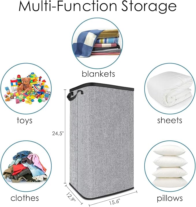Large Laundry Basket, 80 L Collapsible Tall Hamper with Handle Grey | Dirty Clothes Hamper for Bedroom, Rectangular Sturdy Laundry Basket for College, Dorm, Towels, Toys