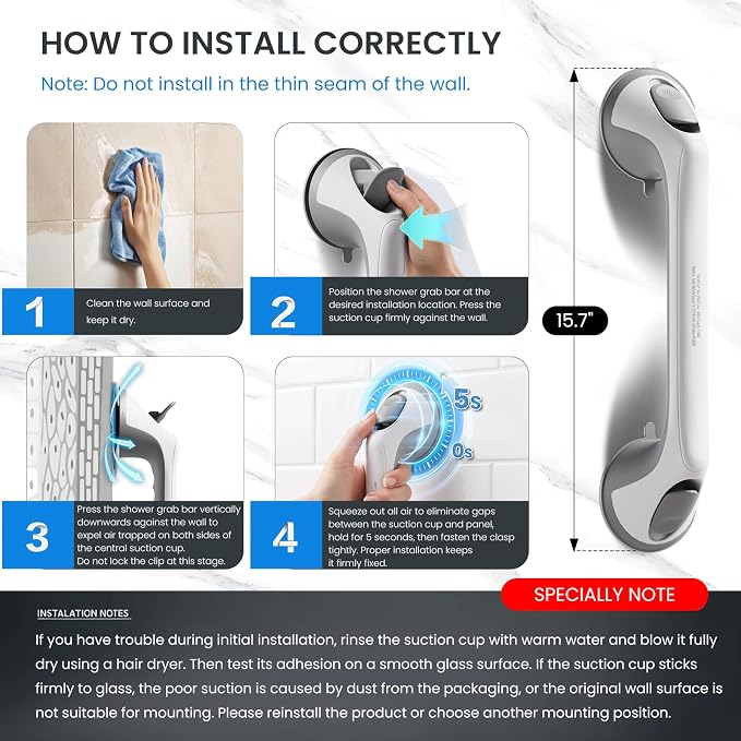 2 Pack 16 Inch Grab Bars for Bathtubs and Showers for Seniors, Heavy Duty Shower Handle for Elderly, Suction Cup Removable Handrails Handicap Bath Grip Bathroom Upgrade Safety Grips (Gray)