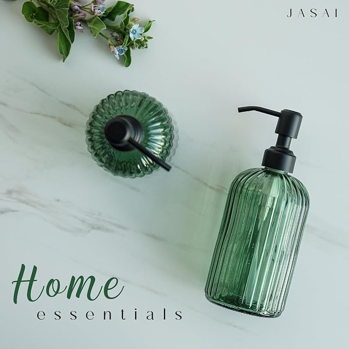 JASAI 18Oz Green Glass Soap Dispenser with Black Rust Proof Pump | Refillable Bathroom soap Dispenser with Thick Glass, Kitchen Soap Dispenser for Dish soap, Hand Soap, Lotion, liquid Soap