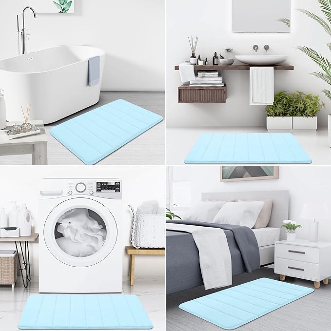 Buganda Memory Foam Bath Mat 47 x 24, Ultra Soft Absorbent Bathroom Rugs | Light Blue, Machine Washable Quick Dry Bath Mats for Bathroom Floor, Shower and Tub, Home Decor Accessories