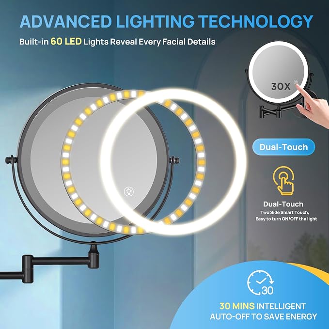 Magnifying Mirror with Lights 1x/30x: 9" Wall Mounted Lighted Makeup Mirror | Rechargeable 3000mAh, Double Sided, Extendable Arm, 360° Swivel Bathroom Mirror, Black