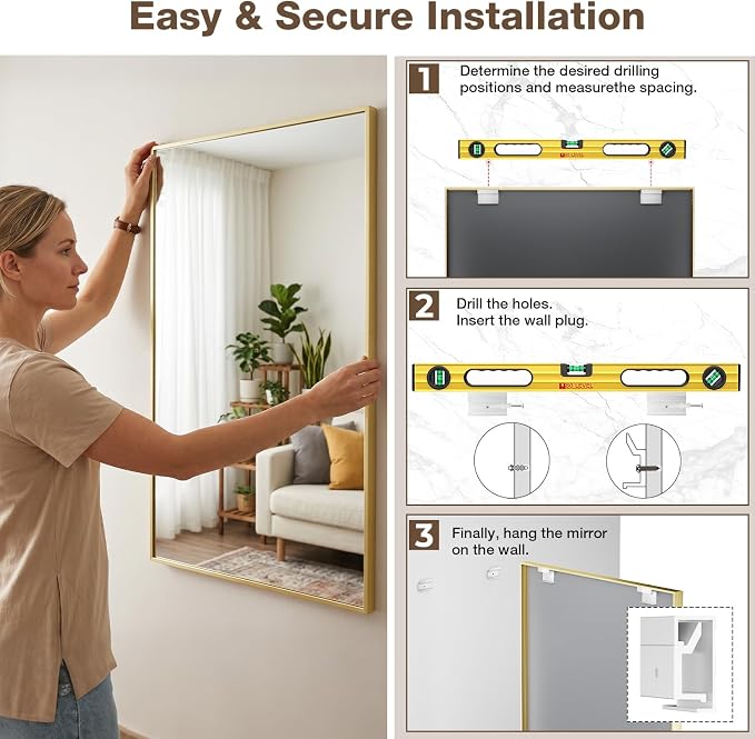 24"x36" Bruhed Gold Rectangle Vanity Bathroom Mirror, Set of 2 | Aluminum Alloy Frame, Clear Reflection, Rust-Resistant, Vertical or Horizontal, Wall Mount, Bedroom and Entryway
