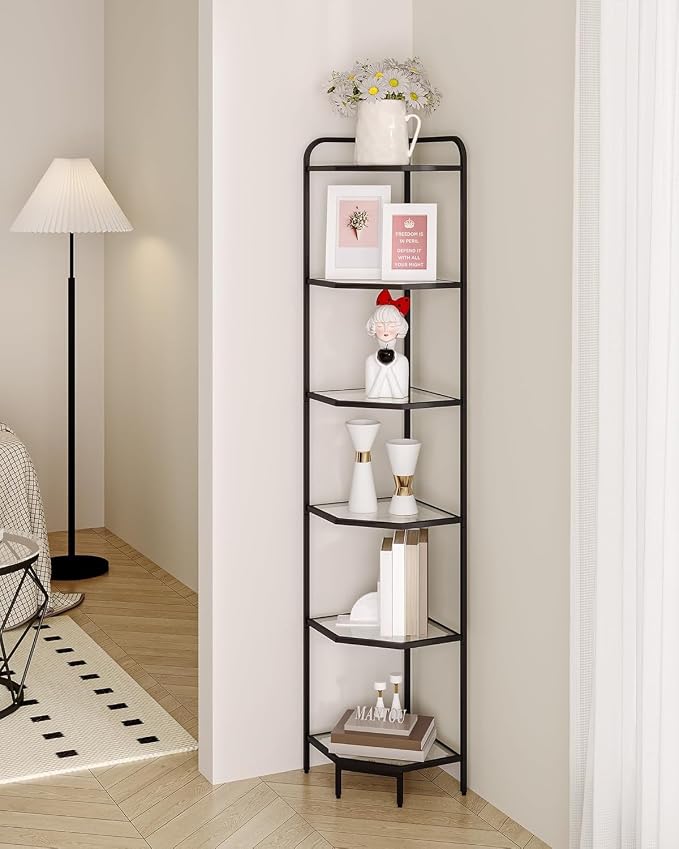 Hzuaneri Corner Shelf Stand, 6-Tier Glass Bookshelf Bookcase, Plant Stand | Bathroom Organizer Steel Frame, Tempered Glass, Modern Style for Living Room, Bathroom, Kitchen, Black CS90600B