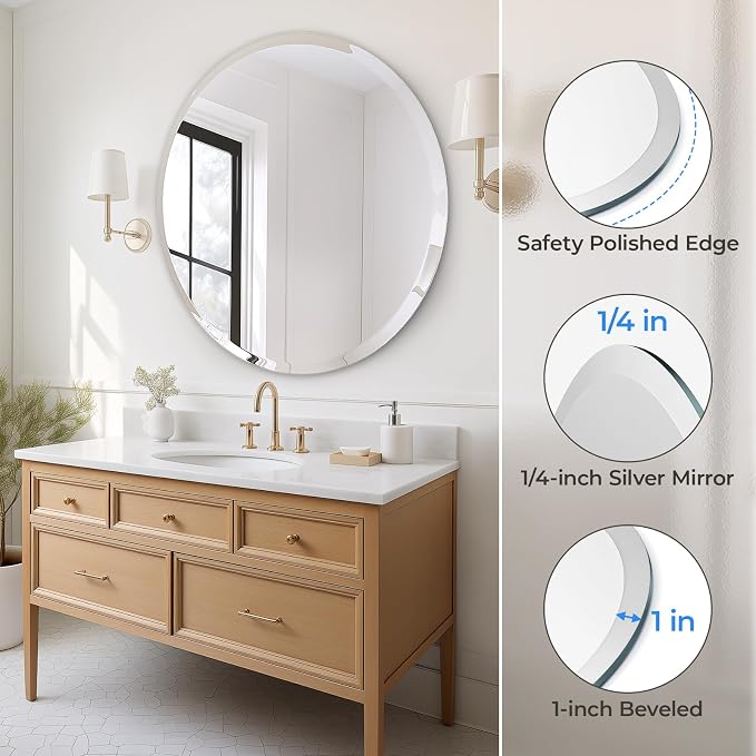 36" Round Frameless Wall Mirror with Beveled Edge | Circle Mirror for Bathroom & Vanity, Elegant & Simple Look