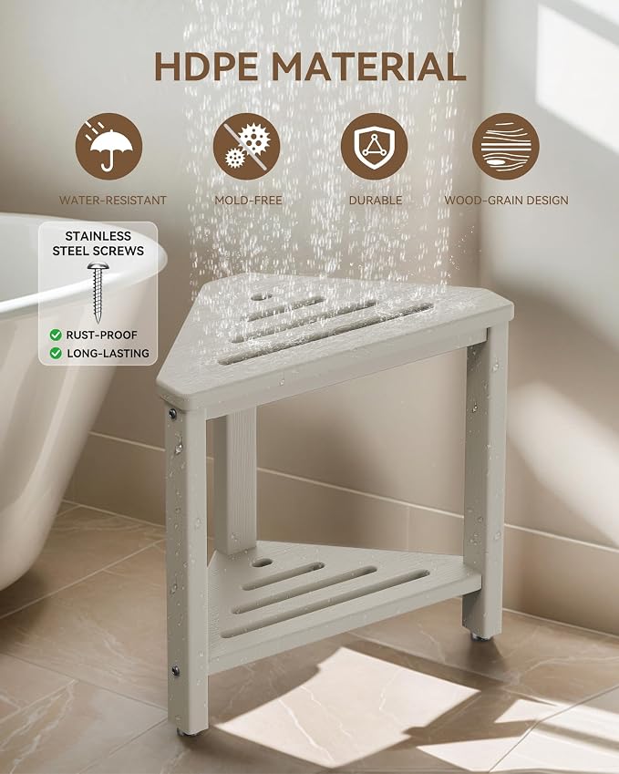 Shower Foot Rest 15in, HDPE Waterproof Shower Stool for Inside Shower, Corner Shower Stool for Shaving Legs with Storage Shelf for Small Space, Shower Step Stool, Plastic Corner Shower Bench, Beige