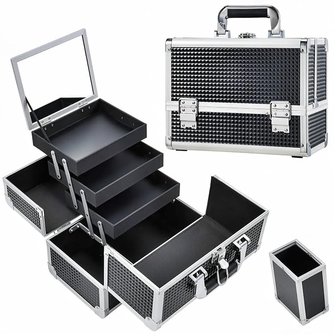 Joligrace 3-Tray Makeup Case with Mirror & Brush Holder, 11.6" Shine Black | Travel-ready makeup train case with lots of storage capacity. Home makeup box organizer holds cosmetics neatly and clean.