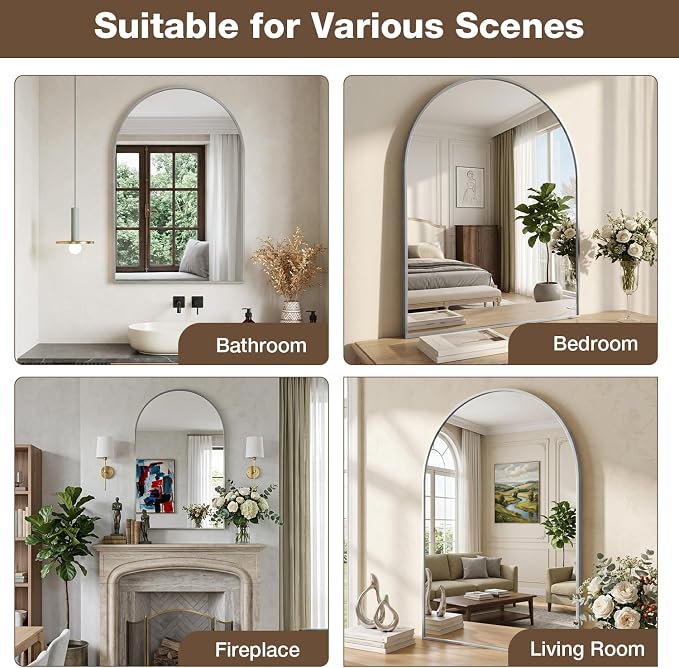 24"x30" Brushed Nickel Arched Vanity Bathroom Mirror, Set of 2 | Aluminum Alloy Frame, Clear Reflection, Rust-Resistant, Vertical or Horizontal, Wall Mount, Bedroom and Entryway