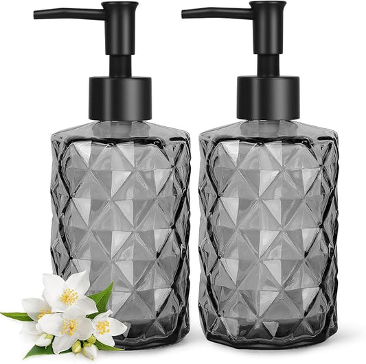 Topsky 2 Pack Glass Soap Dispenser with Black Plastic Pump, 330ml Liquid Hand Soap Dispenser, Rustproof Pump for Kitchen & Bathroom, Great for Lotions, Essential Oil, Liquid Soaps-Gray