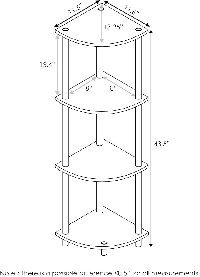 Furinno Turn-N-Tube Corner Shelf, 4-Tier Corner Bookshelf, Display Storage Shelves with Open Shelves, for Organization and Storage, Living Room, Home Office, Garage, Black