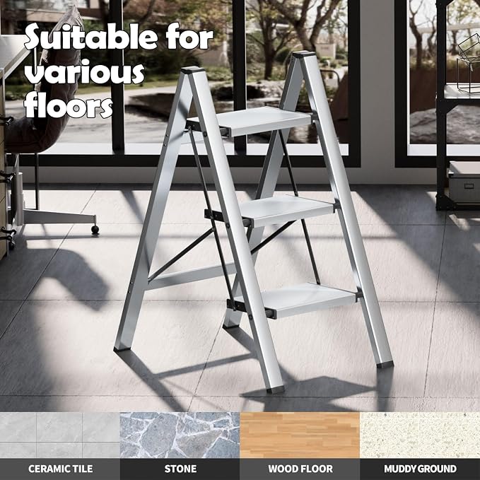 Taranta 3 Step Stool Foldable,Aluminum Step Ladder-Sliver | Lightweight,Wide Anti-Slip Pedals,Folding Step Stool,330lbs Capacity for Household,Kitchen,Office