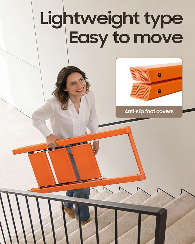 HillhutApex Aluminum 3 Step Ladder, Step Stool Foldable Ladder(Orange) | Stepladder with Handgrip,Anti-Slip Pedals,330lbs Capacity,Lightweight Portable Folding Ladder for Home,Office,Libaray