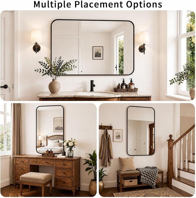 Koonmi 30x36 Inch Black Bathroom Mirror for Over Sink | Wall Mirror for Bathroom Matte Rectangle Metal Deep Framed, Shatterproof Tempered Glass, Hang Vertically or Horizontally