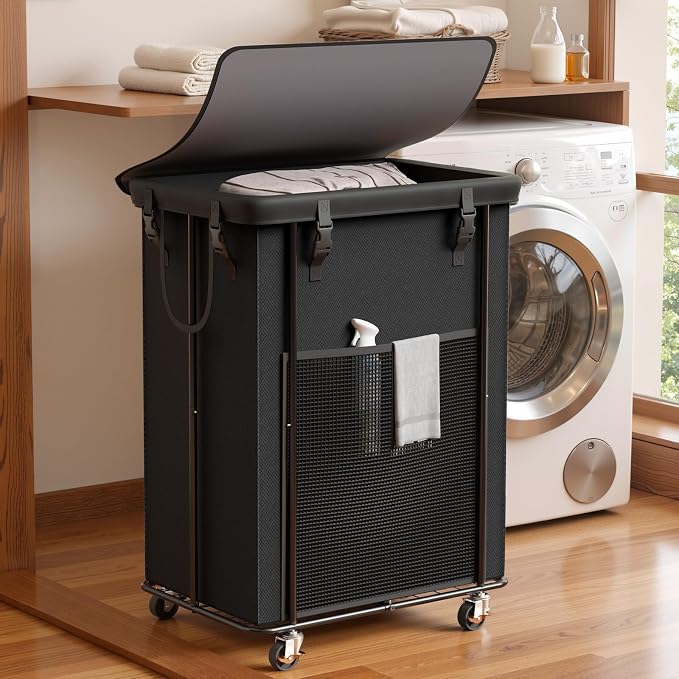 Laundry Hamper with Wheels and Lid, 110L Large Rolling Laundry Basket Black | Heavy Duty Clothes Organizer, Sturdy Metal Frame, Lockable Swivel Casters, Removable Bag, For Bedroom, Bathroom, Laundry Room
