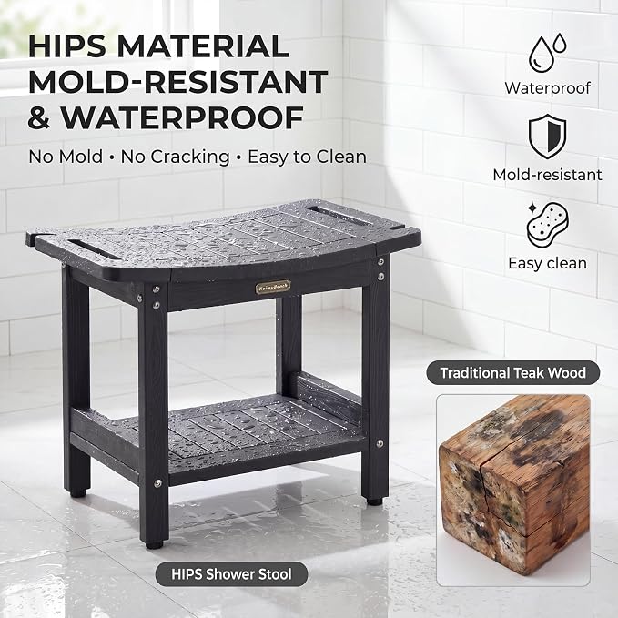 Shower Bench Seat for Inside Shower Waterproof Bath Stool for Shaving Legs | Heavy Duty HDPS Bathroom Bench with Storage Shelf & Adjustable Feet, Anti-Rotting, Save Space, No-Maintenance, Dark Gray