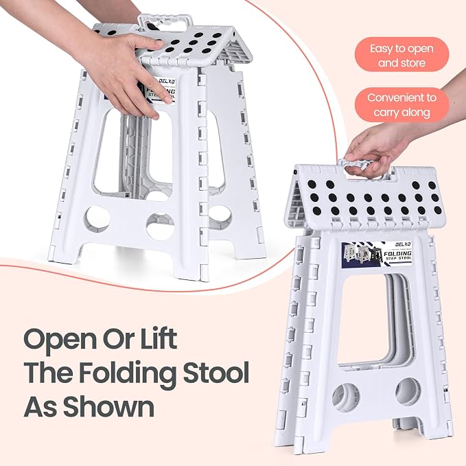 Delxo 16 Inch Folding Step Stool,Foldable Step Stool for Adults White | Step Stool with Safety Lock,Portable Collapsible Step Stool,Non-slip Folding Stools for Kitchen Bathroom Bedroom Garden 1PC