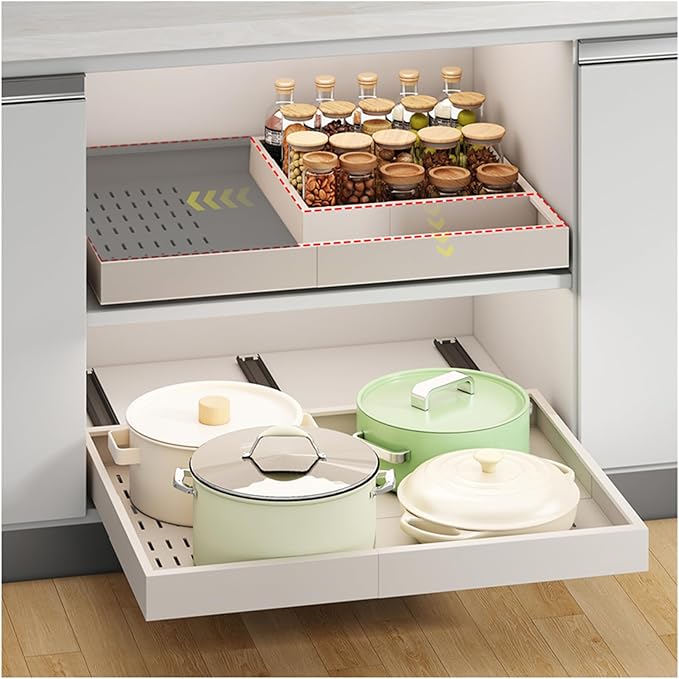 Fokyfok Pull out Cabinet Organizer,16"-21"W,13"-17"D,Expandable,Adhesive | No Drill,3 Rails,Adjustable Slide out Drawers for Kitchen,Pantry,Roll out Shelves,for Cabinets Without Lip,Bathroom,White,1PC