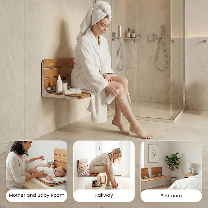Foldable Shower Seat Wall Mounted 18 in Wide, Teak Bench for Small Shower | Foldable Design, Shower Use