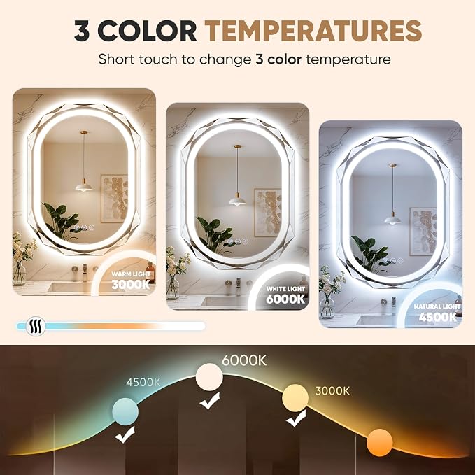 30"x36" Oval LED Bathroom Vanity Mirror, Backlit Anti-Fog Frameless | Beveled Edge, Dimmable 3 Colors, Memory Function, HD Shatterproof Tempered Glass, Lighted Mirror for Wall