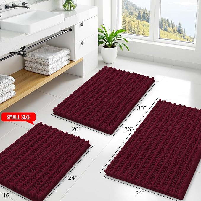 Smiry Bathroom Rugs 24X16, Extra Soft Rubber Backing Chenille Bath Mats | Burgundy Machine Washable Non Slip Quick Dry Bath Mats for Bathroom Floor, Tub, Shower, Home Decor Accessories