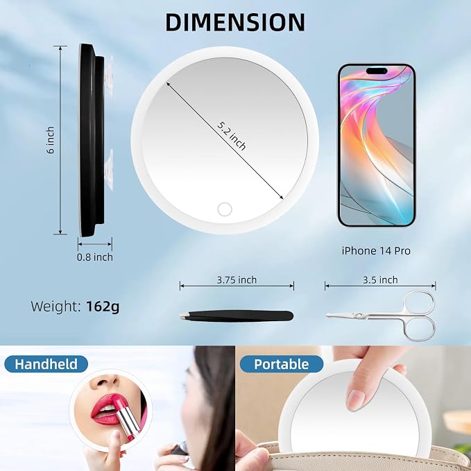 30X Magnifying Mirror with Lights, 30X Magnified Mirror with 3 Suction Cups | 6inch Travel Size, Rechargeable Magnification Mirror with 3 Color Lights Adjustable Brightness - Includes Tweezers & Scissors