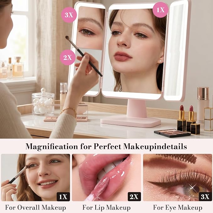 SIMETRA 15.6'' Rechargeable Makeup Mirror with Lights, 156 LED Magnification Vanity Mirror with 3 Colors Lights, 3000mAh Lighted Mirror, Touch Control Trifold Mirror for Women Travel Desk