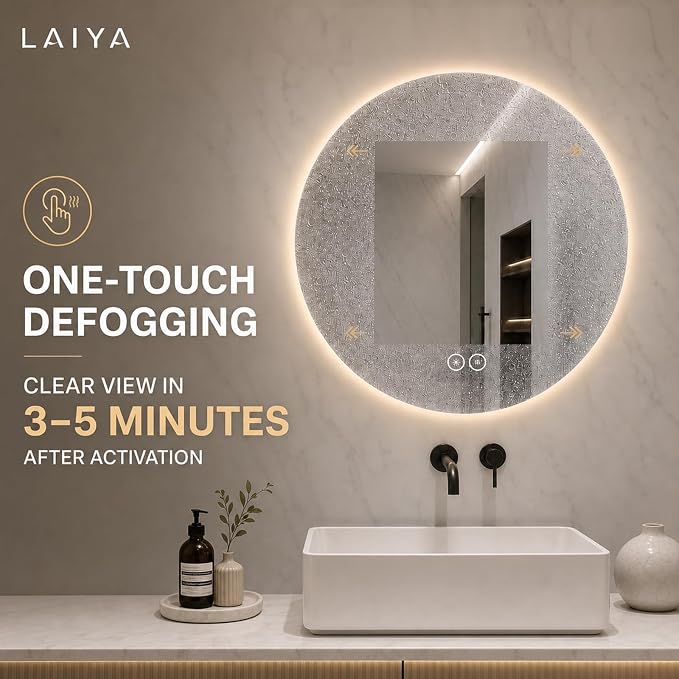 LAIYA 32 Inch Round LED Bathroom Mirror Frameless Backlit Anti-Fog Dimmable | Touch control, 24V IP65 strip, CRI 95+, 3000K-6000K colors, 10%-100%, memory, 5mm copper-free glass, 3-5 min defog, wall kit.