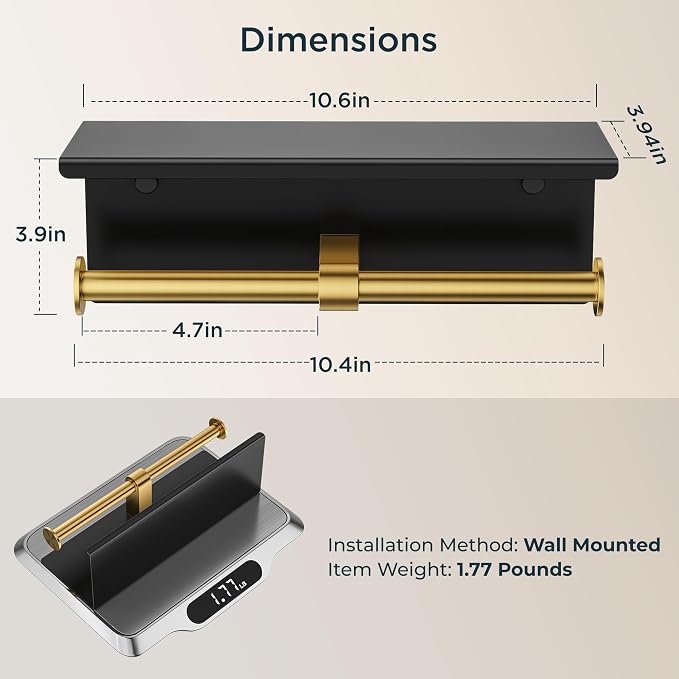 FORIOUS Toilet Paper Holder with Shelf, Commercial Toilet Paper Dispensers | Black and Gold | Wall Mount Bathroom Tissue Holder | SUS304 Stainless Steel Rustproof | Double Tissue Roll Holder