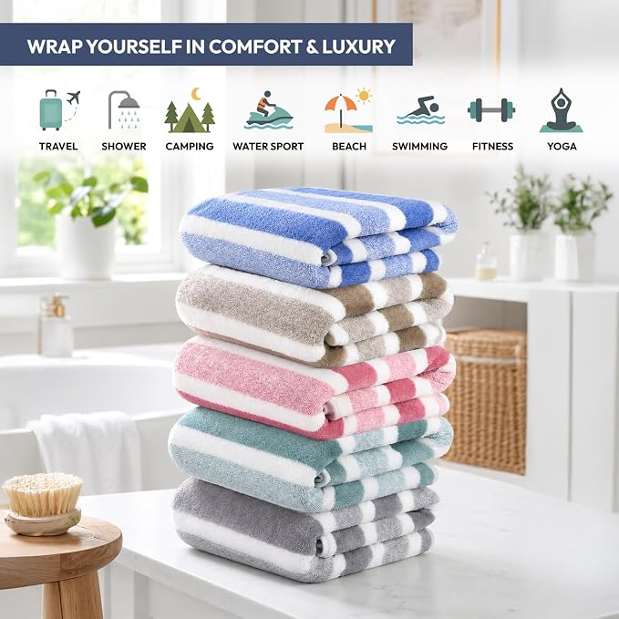 JML Microfiber Bath Towels Set of 2 – 27"x55" Super Absorbent, Quick Dry, Lint-Free & Fade-Resistant, Soft Lightweight Travel Towel for Gym Yoga Camping with Hanging Loop,Double Stripe Grey
