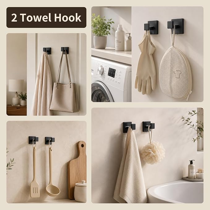 9 Piece Matte Black Bathroom Hardware Set, 24 Inch Double Towel Bar with Removable Hooks, SUS304 Stainless Steel Wall Mounted Heavy Duty Rustproof Accessories for Bathroom Kitchen