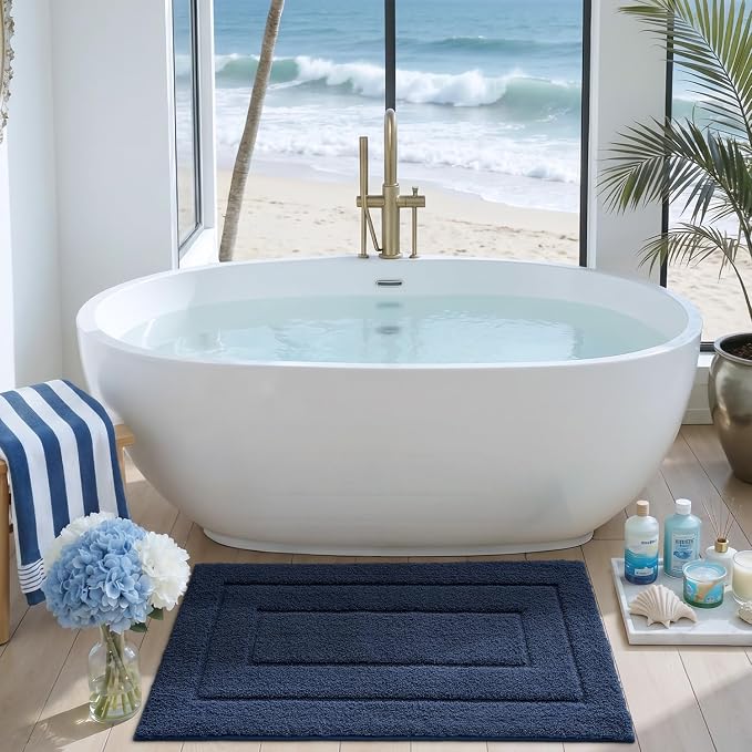 DEXI Bathroom Rugs 32x20, Non-Slip and Absorbent Bath Mat, Navy | Machine Washable, Soft Plush Microfiber Bathmat with Rubber Back, Quick Dry Rug for Shower, Tub, Sink