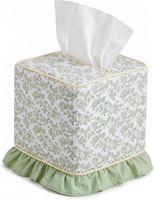 Hushee Cottagecore Ruffle Tissue Box Cover Floral Print Tissue Box Handmade Cotton Square Napkin Holder for Home Bedroom Living Room Bathroom Vanity Countertop Car Office Kitchen(Sage Green)