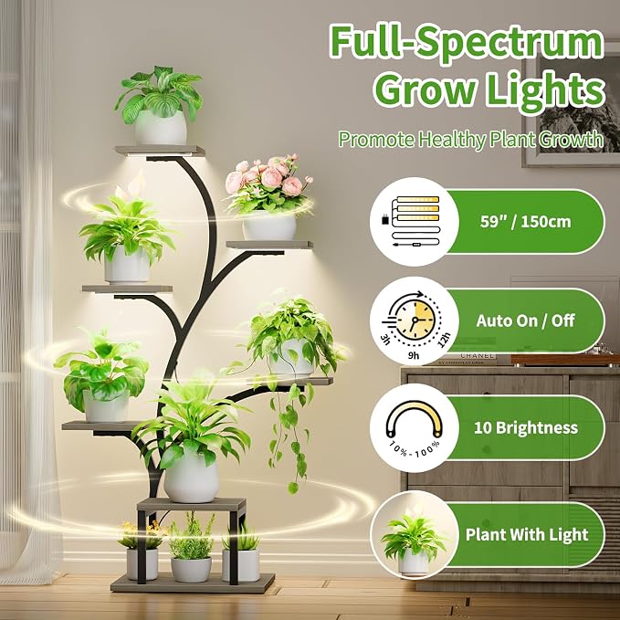 BACEKOLL Plant Stand Indoor with Grow Light, 7 Tier 49" Lighted Plant Shelf | Tree-Shaped Tall Holder with Full Spectrum Light for Indoor Growing, Sturdy Metal Rack for Home Corner, Space-Saving, Grey