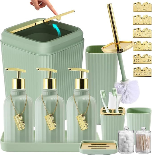 17PCS Bathroom Accessories Set, Green Bathroom Set Bathroom Accessories Set with Trash Can, Toilet Brush, Toothbrush Holder, Qtip Holder & 3PCS Soap Dispenser